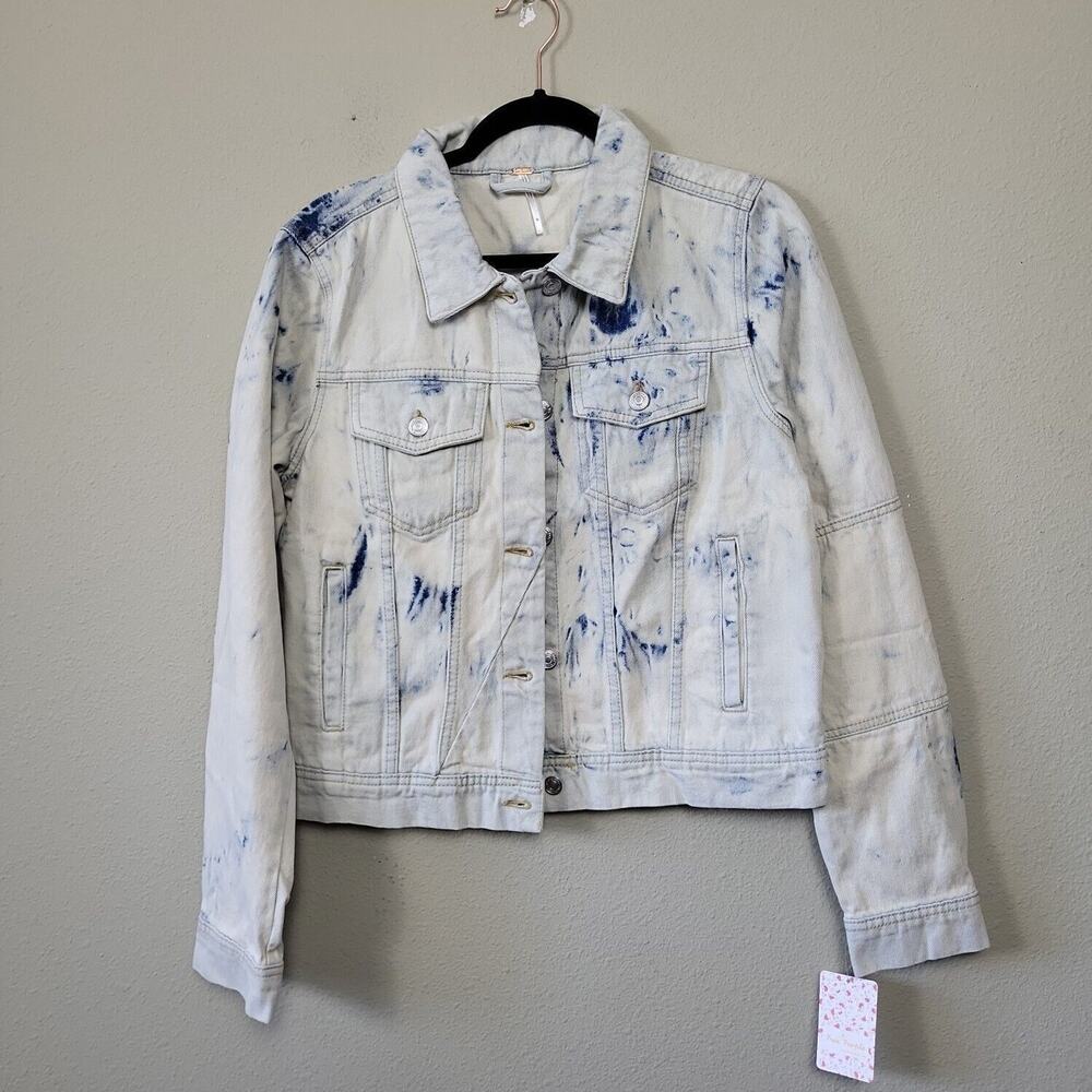 Free People Womens Jones Blue Tie Dye Long Sleeve Collared Denim Jacket Size Med